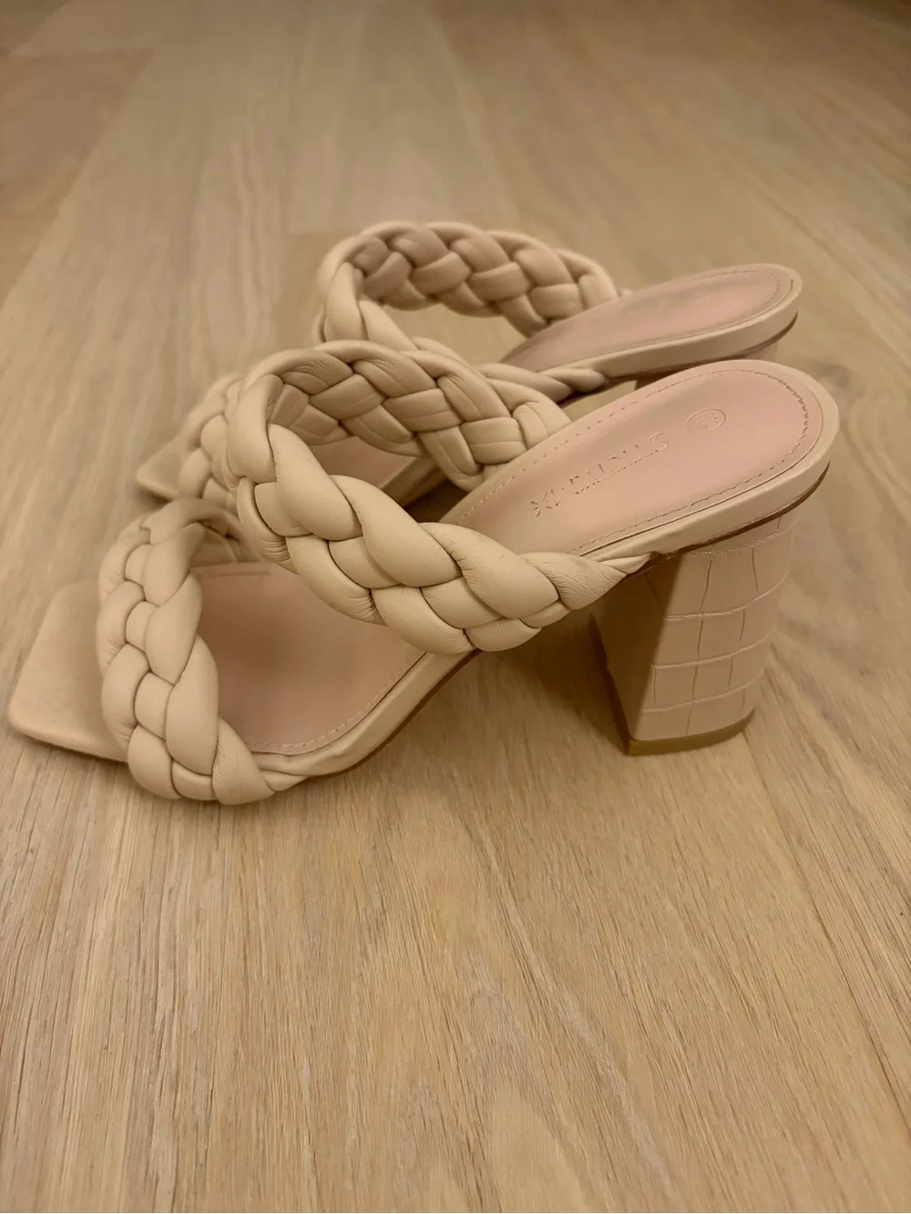 Khaki Braided Double-Strap Women's Slide Heel Sandals in Beige